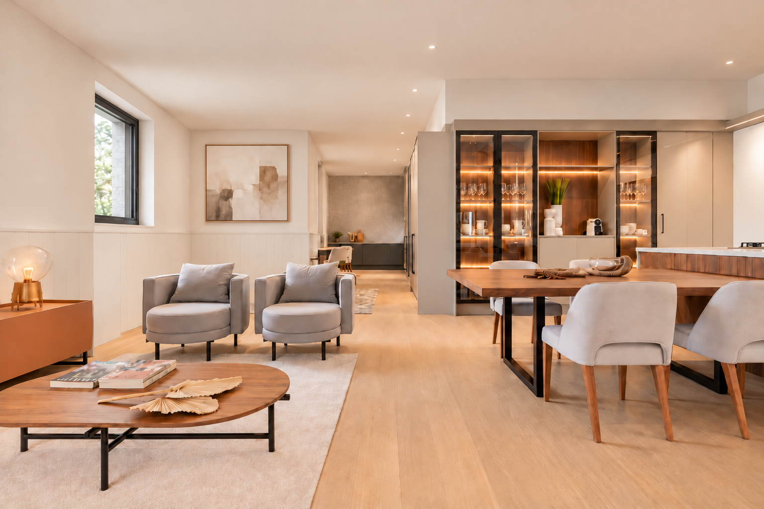 Living e jantar em conceito aberto com marcenaria integrada